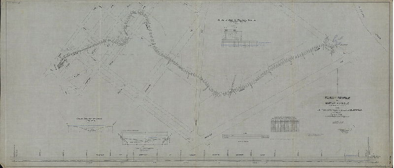 Plan, Plan and profile of Mingo Creek (Drainage Canal) from 74th St. (Mingo Pumping Station) to Island Ave. 40th Ward, Philadelphia. Made for the Bureau of Highways