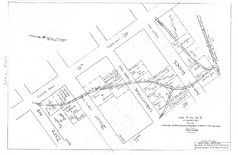 Plan, Plan showing water courses, drainage streets, ditches, etc. in the 40th Ward Philadelphia, made for the Bureau of Highways. Subplan 1. [Creeks from Este Ave. to Dicks Ave., between 76th and 77th]