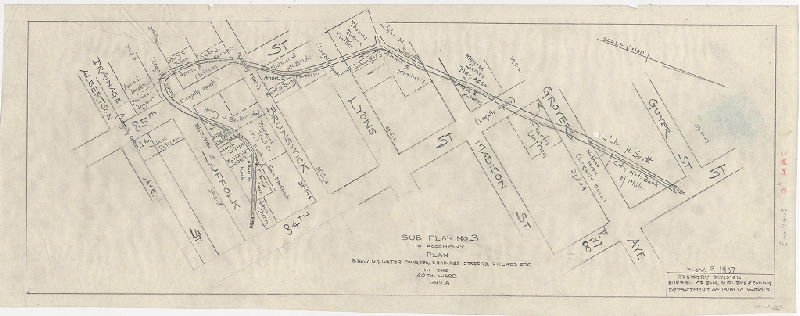 Plan, Plan showing water courses, drainage streets, ditches, etc. in the 40th Ward Philadelphia, made for the Bureau of Highways. Subplan 3. [Creek winding from 83rd and Guyer to 85th and Albertson]