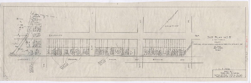 Plan, Plan showing water courses, drainage streets, ditches, etc. in the 40th Ward Philadelphia, made for the Bureau of Highways. Subplan 5. [Creek from 89th to 92nd running just south of Eastwick Ave., along the embankment of the Chester Branch of the Philadelphia & Reading Railroad]