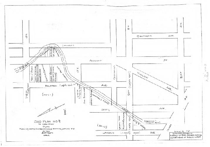 Plan, Plan showing water courses, drainage streets, ditches, etc. in the 40th Ward Philadelphia, made for the Bureau of Highways. Subplan 9. [Mingo Creek from 78th and Ashwood to 80th and Island Ave.]