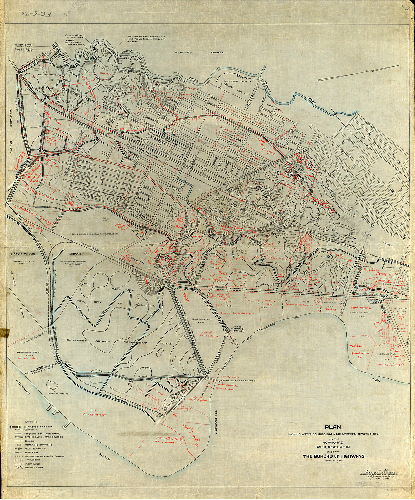 Plan (alternate image), Plan showing water courses, drainage streets, ditches, etc. in the 40th Ward Philadelphia, made for the Bureau of Highways. [Plan from files of 7th Survey District] AT CP, found 10 detailed subplans numbered 1 through 10. Pencil on tracing paper. Scanned on plotter. [This had been listed in the index of Red Can O, but was found at 7th Survey District]