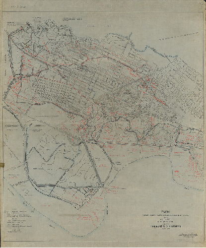 Plan, Plan showing water courses, drainage streets, ditches, etc. in the 40th Ward Philadelphia, made for the Bureau of Highways. [Plan from files of 7th Survey District] AT CP, found 10 detailed subplans numbered 1 through 10. Pencil on tracing paper. Scanned on plotter. [This had been listed in the index of Red Can O, but was found at 7th Survey District]