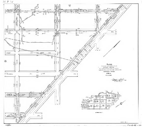 Plan, Plans showing existing surface drainage of a portion of the Eastwick Section. Made for the use of the Bureau of Highways. Fortieth Ward Phila. (13 sheets). Sheet No. 1. [Title block and index map]