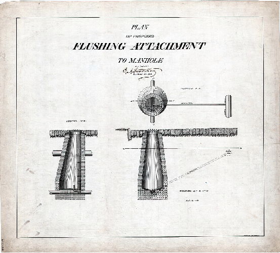 Plan, Plan of proposed flushing attachment to manhole. 