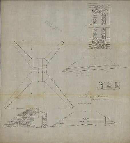 Plan, Details of small stone bridge and associated culvert to span "low spot in Umbria St. north of Wright St." Signed by Strickland Kneass, Chief Engineer and Surveyor. 