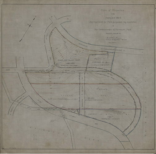 Plan, Plan of properties in the Twenty-first Ward appropriated for Park purposes by resolution of the Commissioners of Fairmount Park adopted Feb. 14th 1917. [Includes, in pencil, dollar amounts that may be the price paid for each parcel]