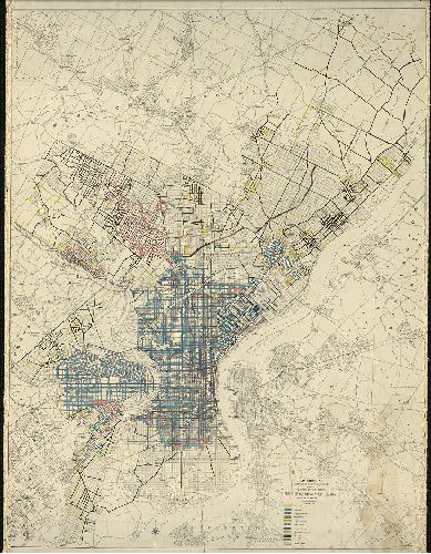 Plan, Map showing character or street pavements, issued by Department of Public Works, Bureau of Highways and Street Cleaning, Philadelphia, Pa. January 1st, 1914. 