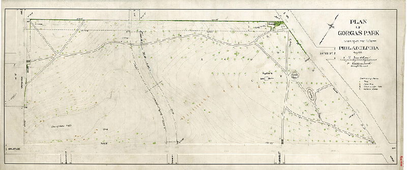 Plan, Plan of Gorgas Park, Twenty-first Ward, Philadelphia, July 1913. C. A. Sundstron, Surveyor and Regulator, Eight District, per K. W. Granlund, Principal Assistant.