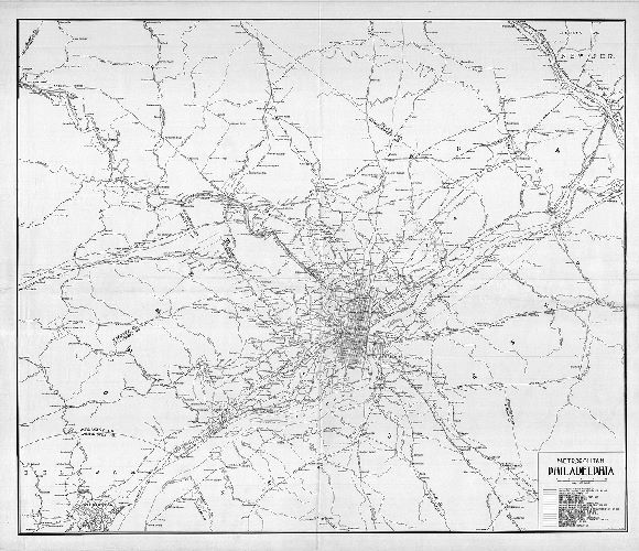 Plan, Metropolitan Philadelphia [Showing 18 transit (trolley or streetcar) companies and numerous "steam railroad" lines including main lines and branches of the Pennsylvania Railroad, Reading Railroad, and Baltimore & Ohio Railroad.]