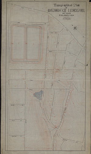 Plan, Topographical plan of Roxborough Reservoir, Twenty-first Ward, Philadelphia. January 1894. C. A. Sundstrom. 