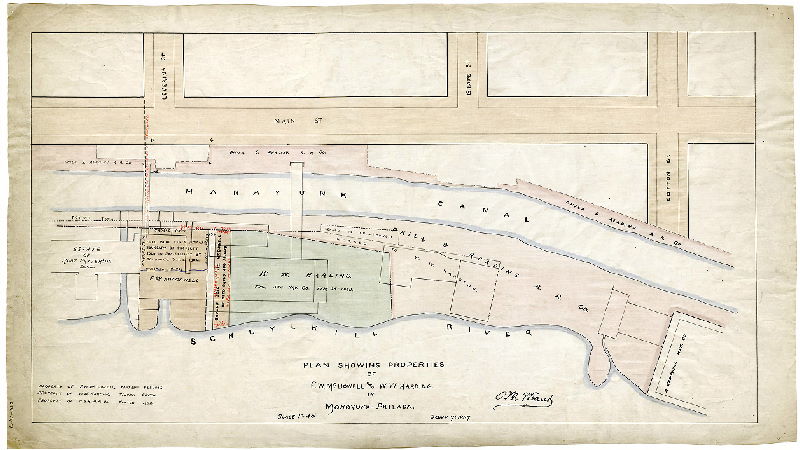 Plan, Plan showing properties of F. W. McDowell and W. W. Harding in Manayunk, Philadelphia. 
