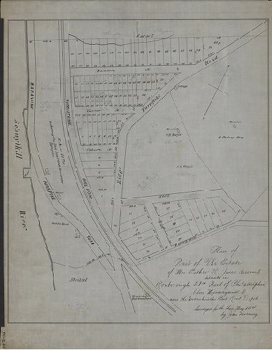 Plan, Plan of part of the estate of Mrs. Esther R. Jones, deceased, situate in Roxborough, 21st Ward of Philadelphia, below Manayunk & near the Wissahickon Rail Road Depot. Surveyed for the heirs, May 1854, by John Levering. 