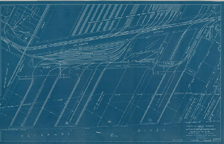 Plan, North and south wharves, Delaware River. Department of Wharves, Docks and Ferries, Philadelphia. SW4-2. South Delaware wharves between Mifflin Street and Porter Street, Pier No. 73 to Pier No. 84.