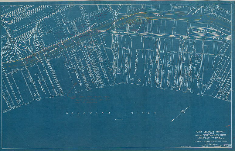 Plan, North and south wharves, Delaware River. Department of Wharves, Docks and Ferries, Philadelphia. NW2-2. North Delaware wharves between Willow Street and Laurel Street, Pier No. 25 to Pier No. 44. 