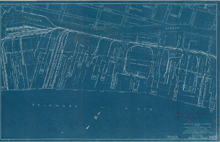 Plan, North and south wharves, Delaware River. Department of Wharves, Docks and Ferries, Philadelphia. NW3. North Delaware wharves between Laurel Street and Berks Street, Pier No. 45 to Pier No. 66. 