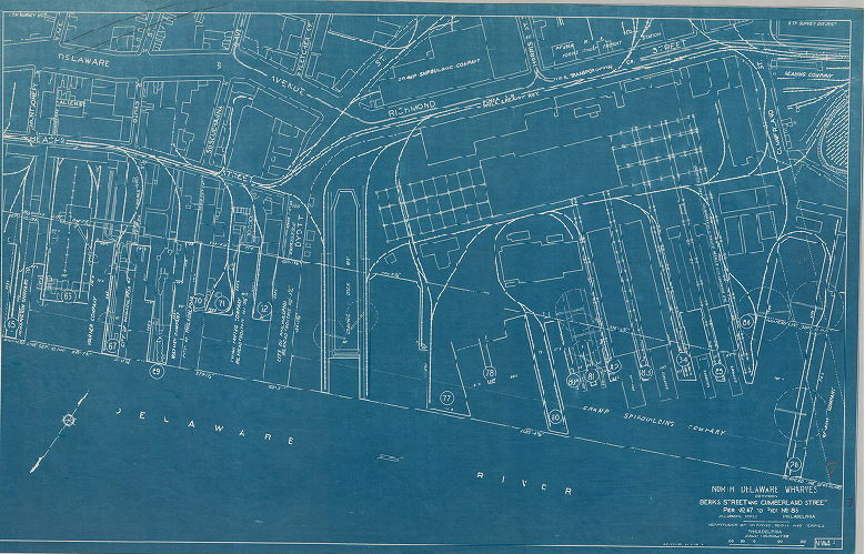 Plan, North and south wharves, Delaware River. Department of Wharves, Docks and Ferries, Philadelphia. NW4-3. North Delaware wharves between Berks Street and Cumberland Street. 