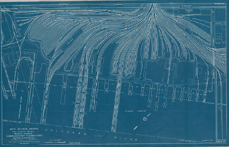 Plan, North and south wharves, Delaware River. Department of Wharves, Docks and Ferries, Philadelphia. NW5-2. North Delaware wharves, Port Richmond Terminal (Reading Company), Cumberland Street to Cambria Street, Pier No. 20 to Pier No. 1, (P.R.)