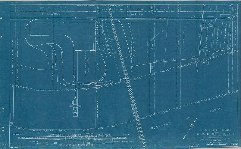 Plan, North and south wharves, Delaware River. Department of Wharves, Docks and Ferries, Philadelphia. NW9. North Delaware wharves between Wheatsheaf Lane and Bristol St. 