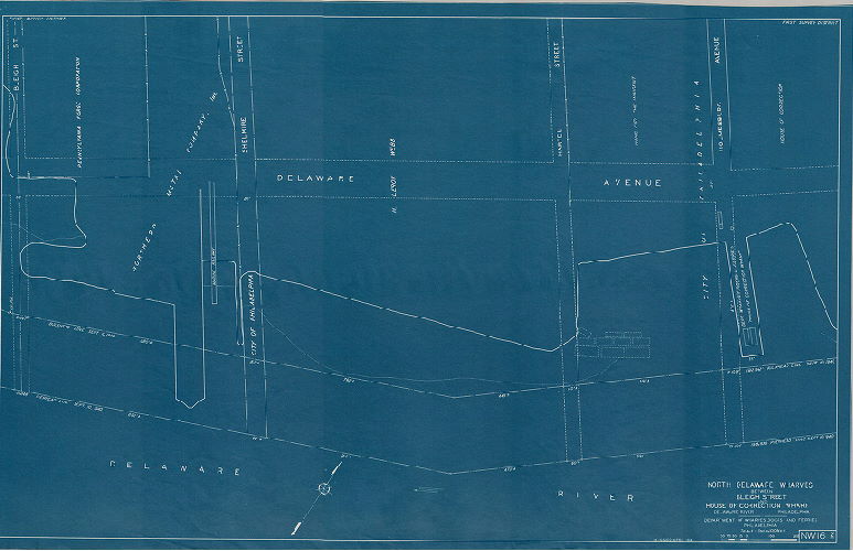 Plan, North and south wharves, Delaware River. Department of Wharves, Docks and Ferries, Philadelphia. NW16-2. North Delaware wharves between Bleigh St. and House of Correction wharf. 
