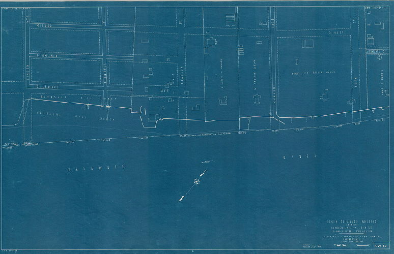 Plan, North and south wharves, Delaware River. Department of Wharves, Docks and Ferries, Philadelphia. NW20. North Delaware wharves between Linden Ave. and Eden St. 