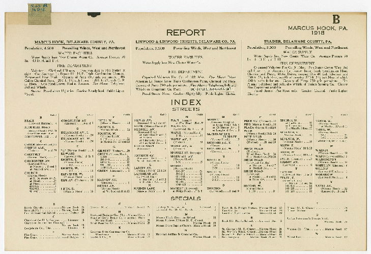 Card B (Report; Index-Streets; Index-Specials), Marcus Hook, Pa., including Linwood, Linwood Heights & Trainer, Delaware County.