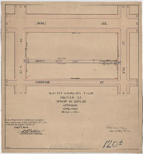 Plan, Plan for placing on City Plan. Harper St., 19th St. to 20th St. 29th Ward. April 17, 1905. [Ordinance Feb. 13,1905 and March 30, 1906; confirmed July 2, 1906], 1906