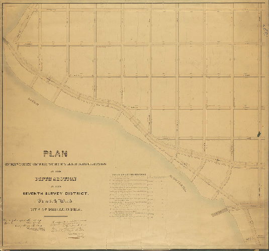 Plan, Plan of revision of the survey and regulation of the Fifth Section of the Seventh Survey District, Twentieth Ward, City of Philadelphia [Ordinances May 25, 1857 and Oct. 26, 1858; approved by Board of Surveyors Nov. 16, 1857; confirmed by Court May 18, 1863], 1857