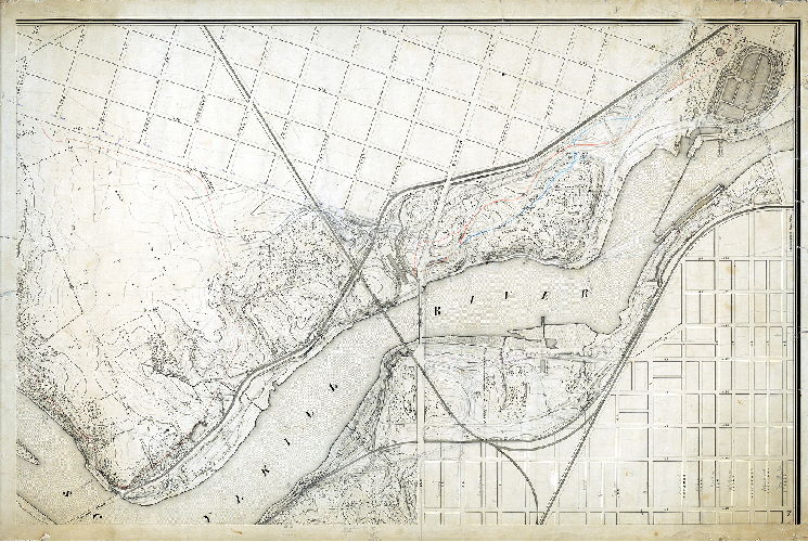 Plan (alternate image), [No title. Fairmount Park topography. Additions in pencil probably related to the route of the Philadelphia and Reading Railroad through Fairmount Park from the bridge over Fountain Green to the Columbia Bridge], 1890 ca.
