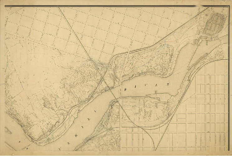 Plan, [No title. Fairmount Park topography. Additions in pencil probably related to the route of the Philadelphia and Reading Railroad through Fairmount Park from the bridge over Fountain Green to the Columbia Bridge], 1890 ca.