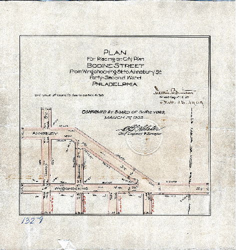Plan, Plan for placing on City Plan Bodine Street from Wingohocking St. to Annsbury St., Forty-second Ward Philadelphia [Ordinance Nov. 4, 1908; survey returned Feb. 15, 1909; confirmed March 1, 1909], 1909