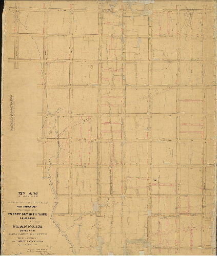 Plan, Plan of the revision of lines and grades with topography of that portion of the Twenty-seventh Ward, Philadelphia embraced within the limits of Plan No. 151 on file in the Department of Surveys [Ordinance April 2, 1881; confirmed Sept. 29, 1884], 1884