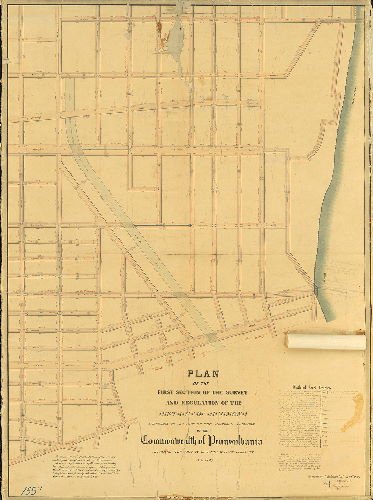 Plan, Plan of the First Section of the survey and regulation of the District of Richmond agreeably to an Act of the General Assembly of the Commonwealth of Pennsylvania approved the twenty-seventh day of February A.D. 1847. Surveyed and returned 9th mo 12th 1848 by Joseph Fox, Henry Haines. [Attachments: [Plan of] Property transferred to the District of Richmond by the Philadelphia and Reading Railroad Company [1850] and an 1892 letter from Court of Quarter Sessions noting that the plan was confirmed in 1849] , 1848