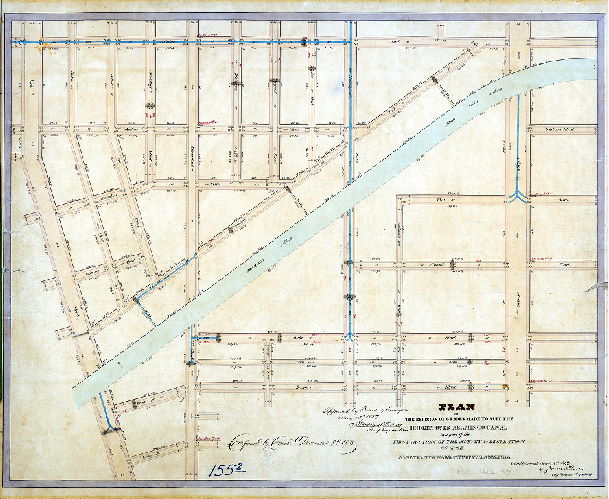 Plan (alternate image), Plan of the revision of grades made to suit the bridges over Aramingo Canal in part of the First Section of the survey & regulation of the 19th Ward, City of Philadelphia, revised & returned March 3, 1857 by James P. Davis, City Surveyor 6th District, 1857
