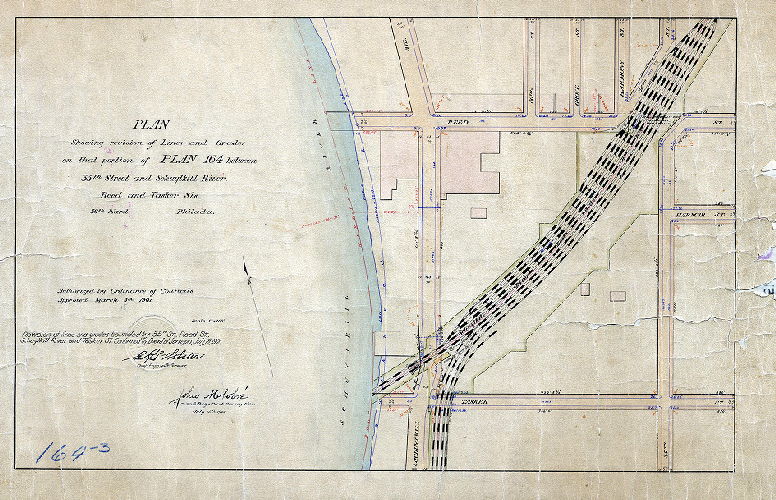Plan, Plan showing the revision of lines and grades on that portion of Plan 164 between Thirty-fifth Street and Schuylkill River, Reed and Tasker Streets, Thirty-sixth Ward, Philadelphia [Ordinance March 5, 1901; confirmed July 15, 1901], 1901