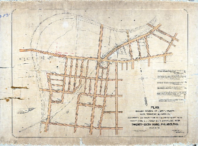 Plan (alternate image), Plan showing revision of lines and grades over territory bounded by Ellsworth St., Twenty-ninth St., Grays Ferry Road, Thirty-third St., Tasker St. and Schuylkill River. Twenty-Sixth Ward, Philadelphia. , 1892