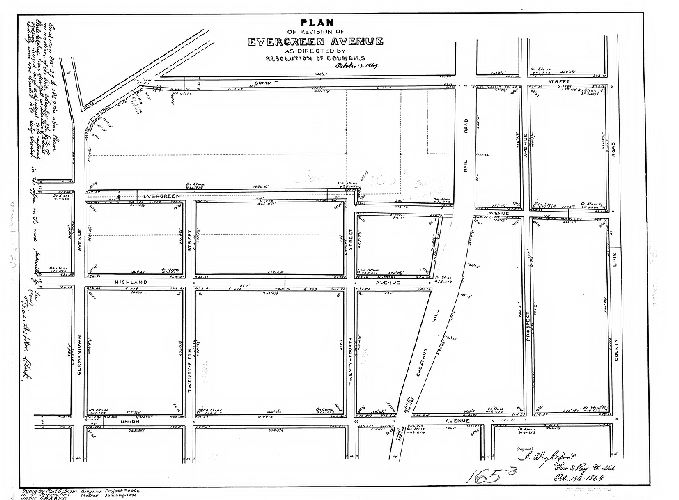 Plan, Plan of revision of Evergreen Avenue as directed by resolution of Councils October 13, 1869. [Survey returned Oct. 19, 1869; confirmed by Court Nov. 29, 1869], 1869