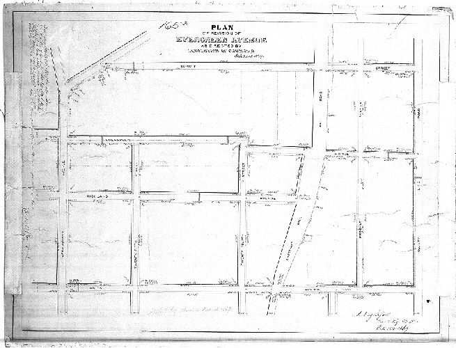 Plan, Plan of revision of Evergreen Avenue as directed by resolution of Councils October 13, 1869. [Survey returned Oct. 19, 1869; confirmed by Court Nov. 29, 1869], 1869
