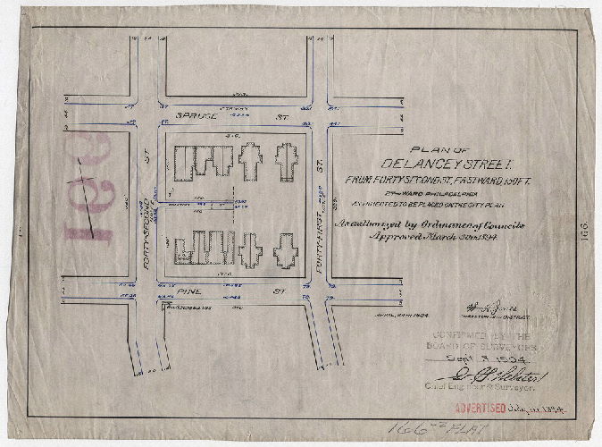 Plan, Plan of Delancey Street from Forty-second St. eastward 150 ft., 27th Ward, Philadelphia, as directed to be placed on the City Plan [Ordinance March 30, 1894; confirmed Sept. 3, 1894], 1894