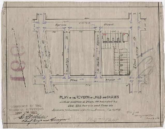 Plan, Plan of the revision of lines and grades on that portion of Plan 166 bounded by 42d, 43d, Spruce and Pine Sts. [Ordinance Feb. 10, 1892; confirmed May 2, 1891], 1892