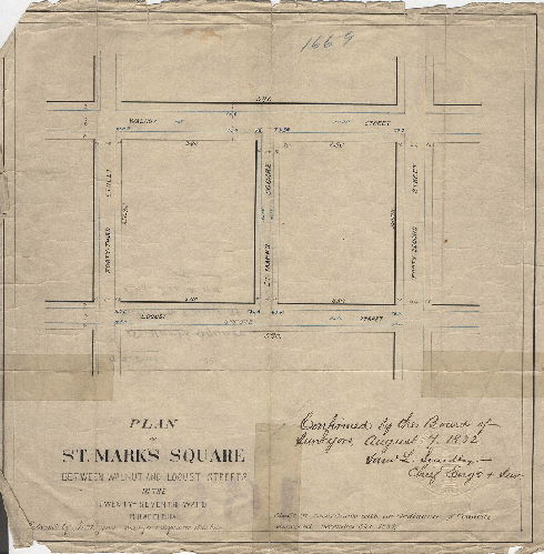 Plan, Plan of St. Mark's Square between Walnut and Locust Streets in the Twenty-seventh Ward, Philadelphia Ordinance Dec. 31, 1881; confirmed Aug. 7, 1882], 1882