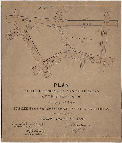 Plan, Plan of the revision of lines and grades of that portion of Plan No. 166 bounded by 43rd St., Chester Ave., 45th St. and Baltimore Ave., 27th Ward, Phila. [Ordinance Oct. 23, 1901; survey returned Jan. 2, 1902; confirmed Jan. 20, 1902], 1902