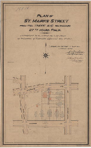 Plan, Plan of St. Marks Street from Baltimore Ave. southward, 27th Ward, Phil'a. [Ordinance July 9, 1897; confirmed Oct. 18, 1897], 1897