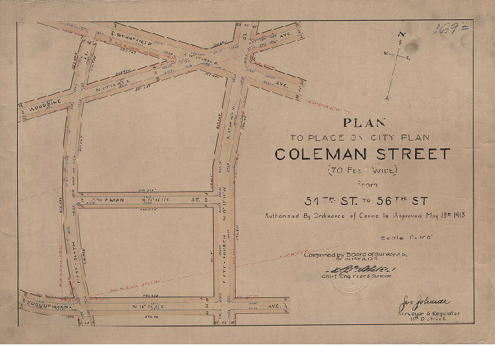 Plan, Plan to place on the City Plan Coleman Street (70 feet wide) from 54th St. to 56th St. [Ordinance May 13, 1913; confirmed Aug. 4, 1913] , 1913