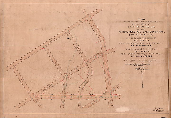 Plan, Plan to revise the lines and grades on the portion of City Plan No. 169 between Wynnefield Ave., Overbrook Ave., 54th St. and 57th St., and to change the name of 55th Street from Overbrook Ave. to City Ave., to 56th Street, and to change the name of 56th Street from Overbrook Ave. to City Ave., to Ithan Street. [Ordinance Nov. 28, 1914; confirmed May 3, 1915], 1915