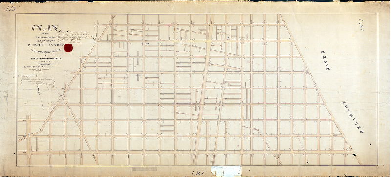 Plan (alternate image), Plan of the revision of grades in a portion of the First Ward as directed by resolution of Select and Common Councils [Approved april 26, 1859], 1860