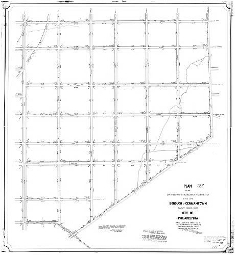 Plan, Plan of the Eighth Section of the resurvey and regulation of the late Borough of Germantown. [Resolution April 17, 1856; approved Oct. 21, 1861. Black and white tracing.], 1861