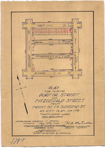 Plan, Plan for placing Durfor Street and Fitzgerald Street from Front Street to Second Street on City Plan No. 179, Thirty-ninth Ward Philadelphia [Ordinance May 9, 1912; confirmed Nov. 18, 1912], 1912