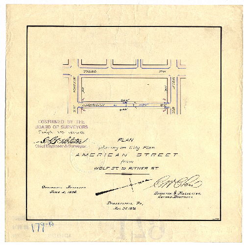 Plan, Plan placing on City Plan American Street from Wolf Street to Ritner Street Ordinance June 2, 1898; confirmed Sept. 19, 1898], 1898