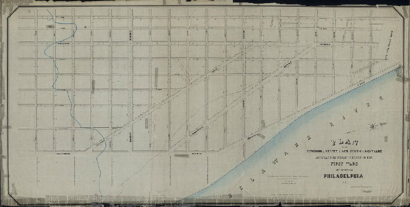 Plan, Plan of the revision of streets lines south of the Navy Yard and east of Front Street in the First Ward of the City of Philadelphia [Resolution March 22, 1869; approved by Board of Surveyors June 27, 1870, confirmed by Court May 29, 1871], 1870